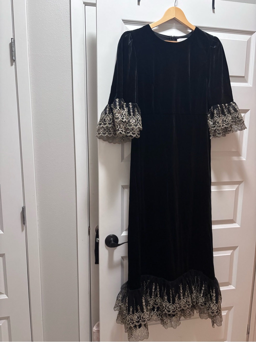 Pomander Place Tuckernuck Black Velvet Midi Dress with Gold Lace Trim
